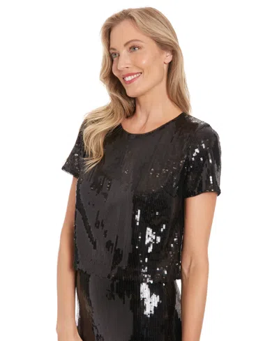 Muse Women's Sequin Jewel-neck Short-sleeve Top In Black