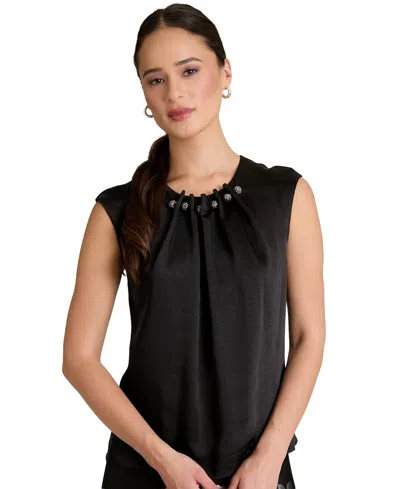 Muse Women's Tucked Beaded Crew Neck Top In Black