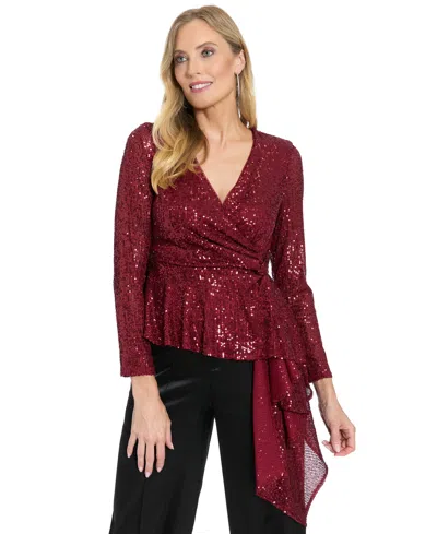 Muse Plus Size Sequin Long-sleeve Top In Burgundy