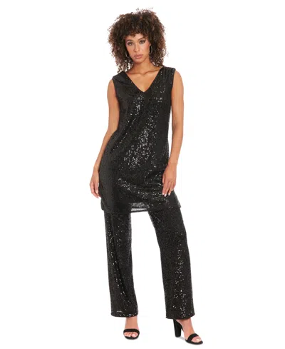 Muse Women's V-neck Sleeveless Sequin Tunic Top In Black
