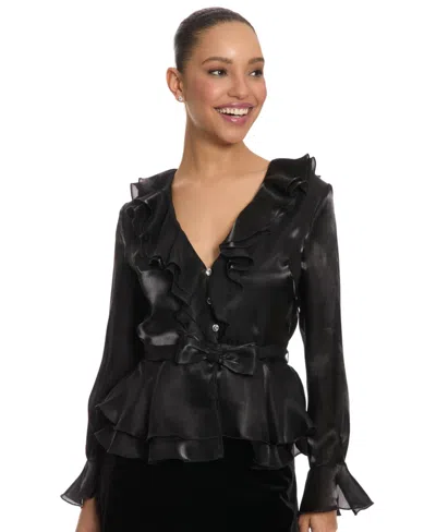 Muse Women's V-neck Long-sleeve Ruffle Blouse In Black