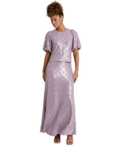 Muse Womens Crew Neck Bubble Short Sleeve Top Fit Flare Silhouette Pull On Skirts In Purple