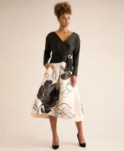 Muse Womens Pleated A Line Skirt Long Sleeve Top In Beige