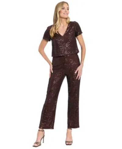Muse Womens Textured V Neck Top Sequin Pants In Brown