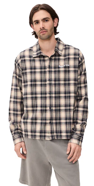 Museum Of Peace And Quiet Wordmark Button Up Shirt Navy In Brown