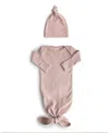 Mushie Unisex Ribbed Knotted Gown + Beanie - Baby In Light/pastel Pink