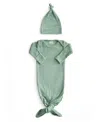 Mushie Unisex Ribbed Knotted Gown + Beanie - Baby In Open Green