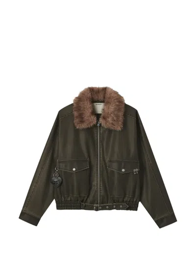 Musium Div. Faux-fur Collar Belted Jacket In Gray