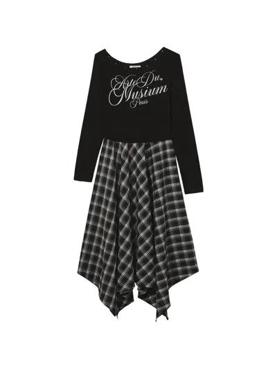 Musium Div. Long-sleeved Checkered-skirt Asymmetric Midi Dress In Black