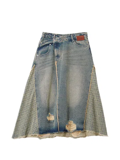 Musium Div. Patchwork Distressed-finish Midi Skirt In Blue