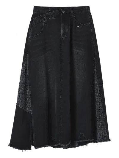 Musium Div. Patchwork Frayed-hem Denim Midi Skirt In Gold