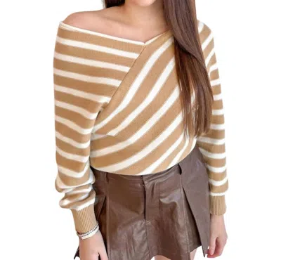 Mustard Seed Cross Stripe V Neck Sweater In White/taupe In Multi
