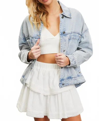 Mustard Seed Drop Shoulder Back Pleated Denim Jacket In Light Blue