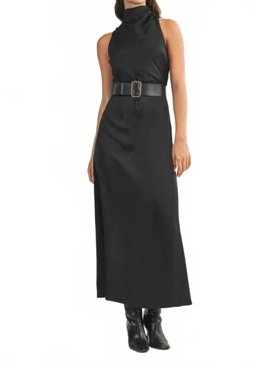 Mustard Seed Flowy High Neck Belted Sleeveless Dress In Black