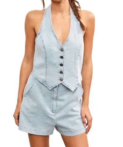 Mustard Seed Halter Neck Button Closure Vest Romper In Icy Denim In Blue