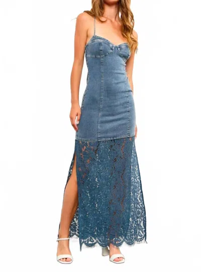 Mustard Seed Harper Denim Corset Lace Hem Maxi Dress In Blue