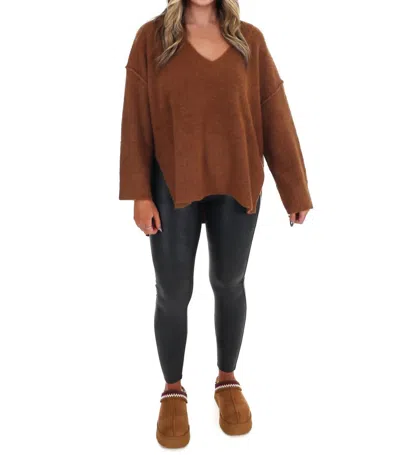 Mustard Seed Laidback Daze Oversized V-neck Sweater In Camel In Brown