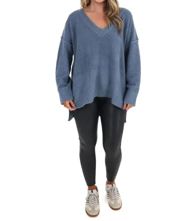 Mustard Seed Laidback Daze Oversized V-neck Sweater In Denim In Blue