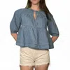 Mustard Seed Ruffle Hem Tie Closure Denim Top In Blue In Blue