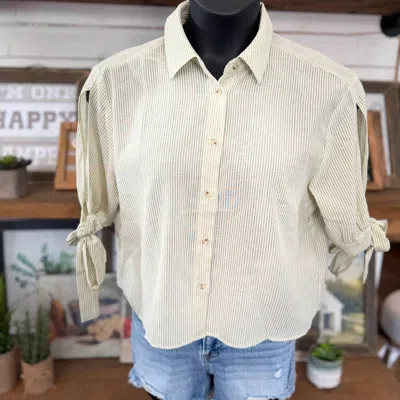 Mustard Seed Women's Striped Tie-cuff Button Front Top In Matcha Latte In Gray