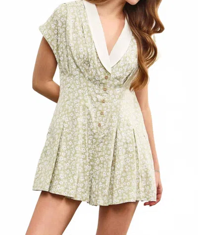Mustard Seed Women's V Neck Shawl Collar Pleated Romper In Green In White