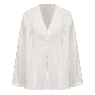 Mute By Jl Women's White Ethereal Cotton Ramie V Neck Blouse