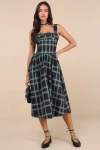 Mutma Dola Green And Red Plaid Sleeveless Bustier Midi Dress In Green