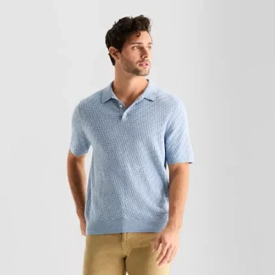Mutual Weave Interwoven Mens Short Sleeve Button Polo Sweater In Blue