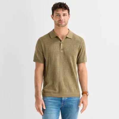 Mutual Weave Mens Short Sleeve Button Polo Sweater In Green