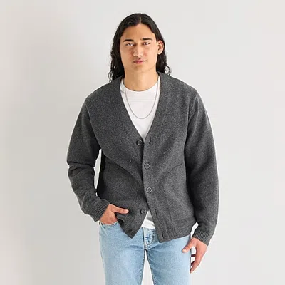 Mutual Weave Mens V Neck Long Sleeve Button Cardigan In Gray