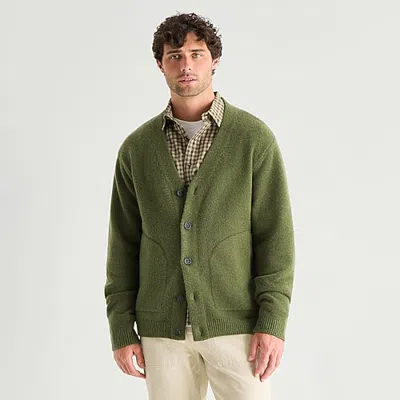 Mutual Weave Mens V Neck Long Sleeve Button Cardigan In Green