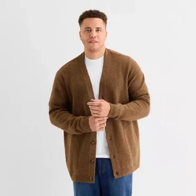 Mutual Weave Mens V Neck Long Sleeve Button Open Front Big And Tall Cardigan In Brown