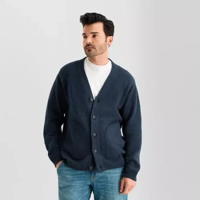 Mutual Weave Mens V Neck Long Sleeve Button Open Front Cardigan In Blue