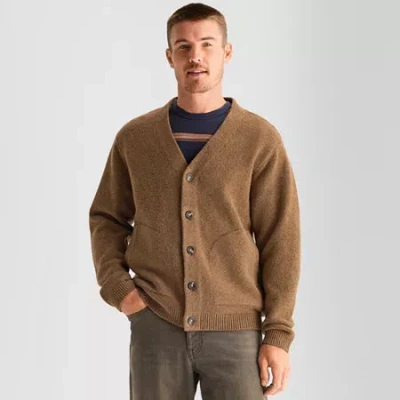 Mutual Weave Mens V Neck Long Sleeve Button Open Front Cardigan In Brown