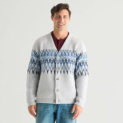 Mutual Weave Mens V Neck Long Sleeve Button Open Front Geometric Cardigan In Blue