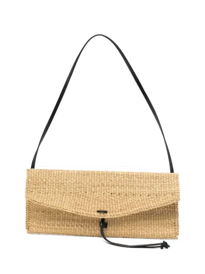 Muun Motto Woven Straw Shoulder Bag In Purple