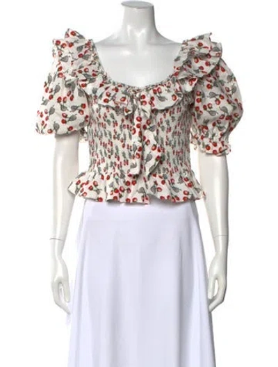 Pre-owned Muzungu Sisters Linen Floral Print Top In White