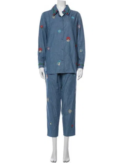 Pre-owned Muzungu Sisters Printed Embroidered Accent Pant Set In Blue