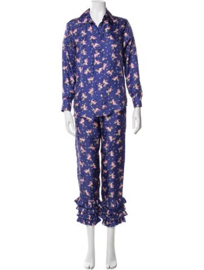 Pre-owned Muzungu Sisters Silk Floral Print Pant Set In Blue