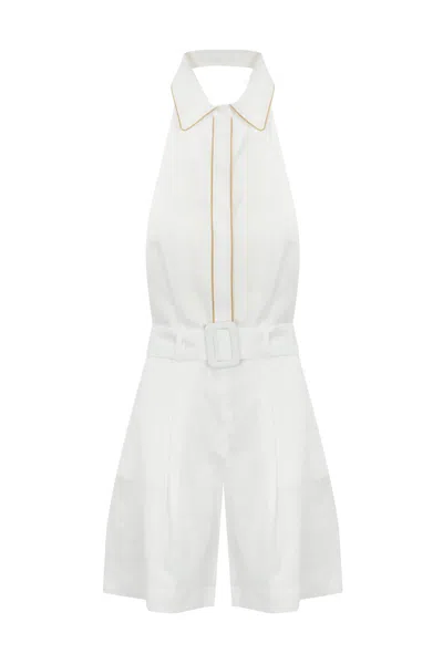 Mvp Wardrobe Linen Jumpsuit With Contrasting Profiles In White
