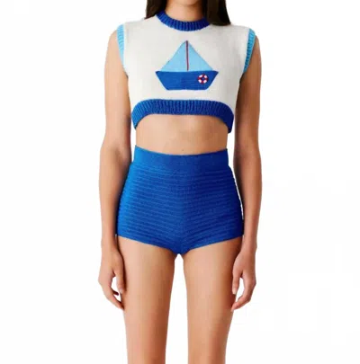My Beachy Side Bateau Hand Crochet Crop Top In Ivory In Blue