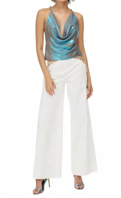 My Beachy Side Charlotte Shimmer Draped Halter Top In Blue Metallic