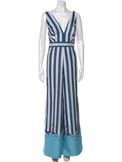 Pre-owned My Beachy Side Striped Plunge Neckline Jumpsuit In Blue