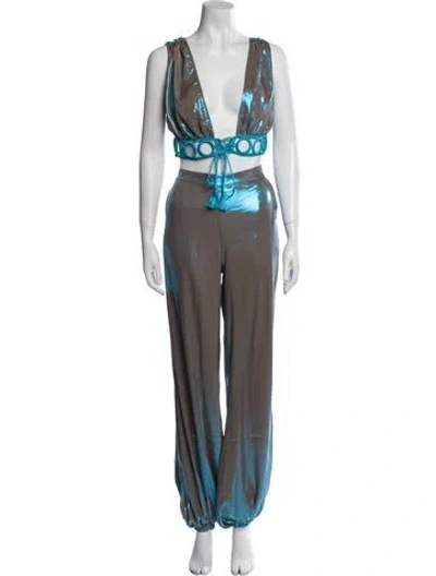 Pre-owned My Beachy Side Virgin Wool Printed Pant Set In Blue