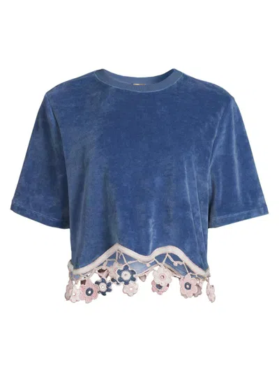 My Beachy Side Women's Peony Crocheted Hem Cover-up Top In Blue