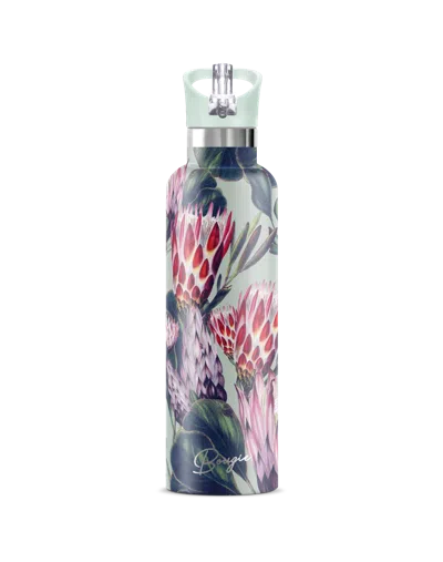 My Bougie Bottle Women's Green / Black Protea Flower Insulated Water Bottle Jade Lid In White