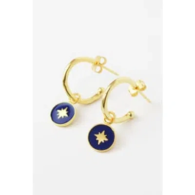 My Doris Navy Enamel Star Hoop Earrings In Gold