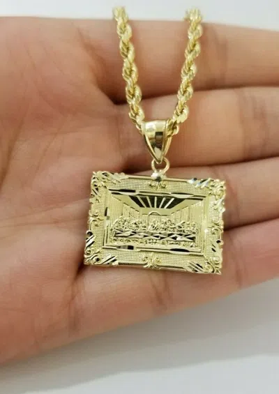 Pre-owned My Elite Jeweler Real 10k Yellow Gold Rope Chain Last Supper Charm Pendant Set 3mm Necklace 18-28