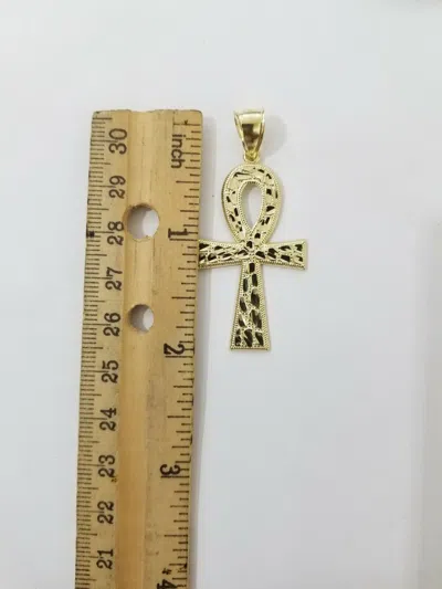 Pre-owned My Elite Jeweler Real Gold Ankh Cross Charm Pendant 10k Yellow Gold Nugget Diamond Cuts Men Women