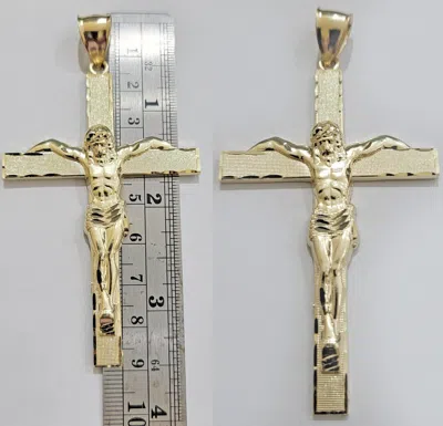 Pre-owned My Elite Jewelers Real 10k Yellow Gold Cross Charm Pendant Jesus Crucifix 3.5" Inch 10kt For Chain